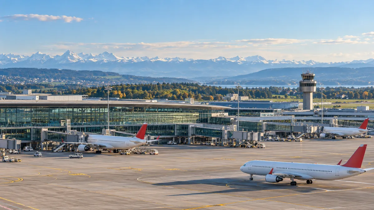 Illustration of Zurich Airport with terminal, aircraft and distant Alps (AI-generated)